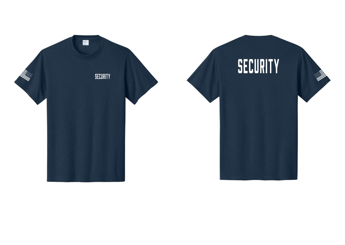 NYC Factory Security T-Shirt, Condensed Lettering - Chest + Back + US Flag Sleeve - Navy