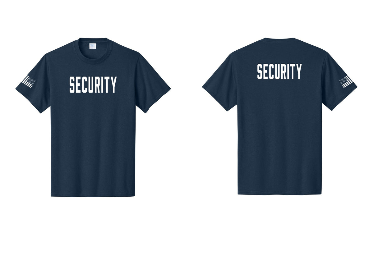 NYC Factory Unisex Security Black T-Shirt - Front + Back + US Flag Sleeve - Navy