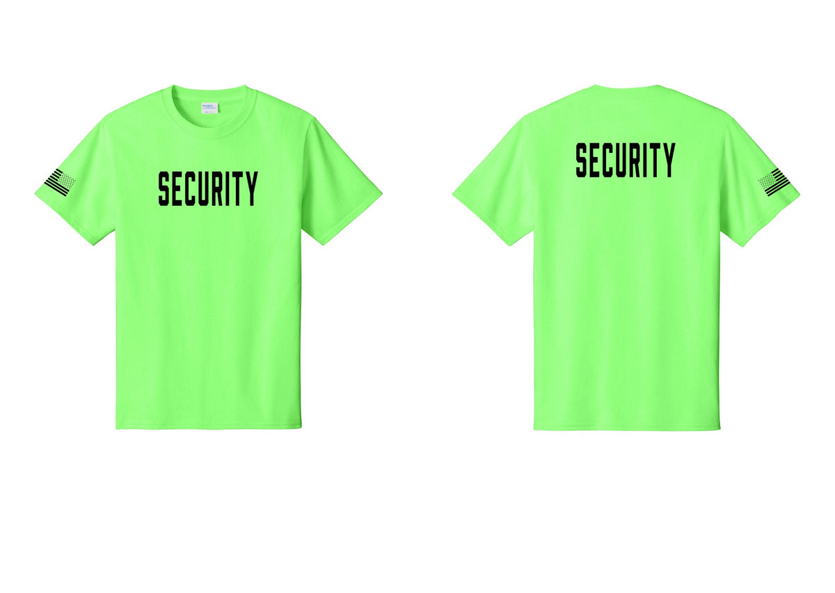NYC Factory Security T-Shirt, Condensed Lettering - Front + Back + US Flag Sleeve - Neon Green