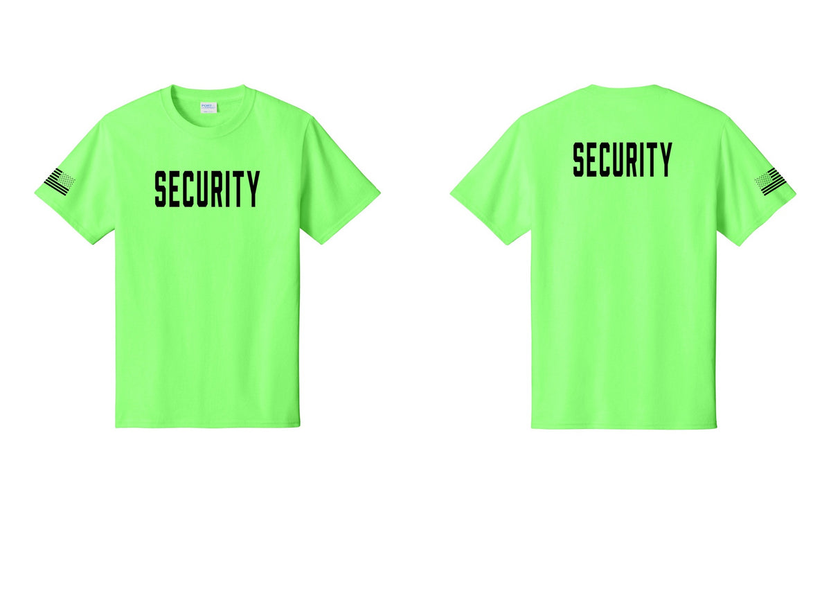 NYC Factory Unisex Security Black T-Shirt - Front + Back + US Flag Sleeve - Neon Green