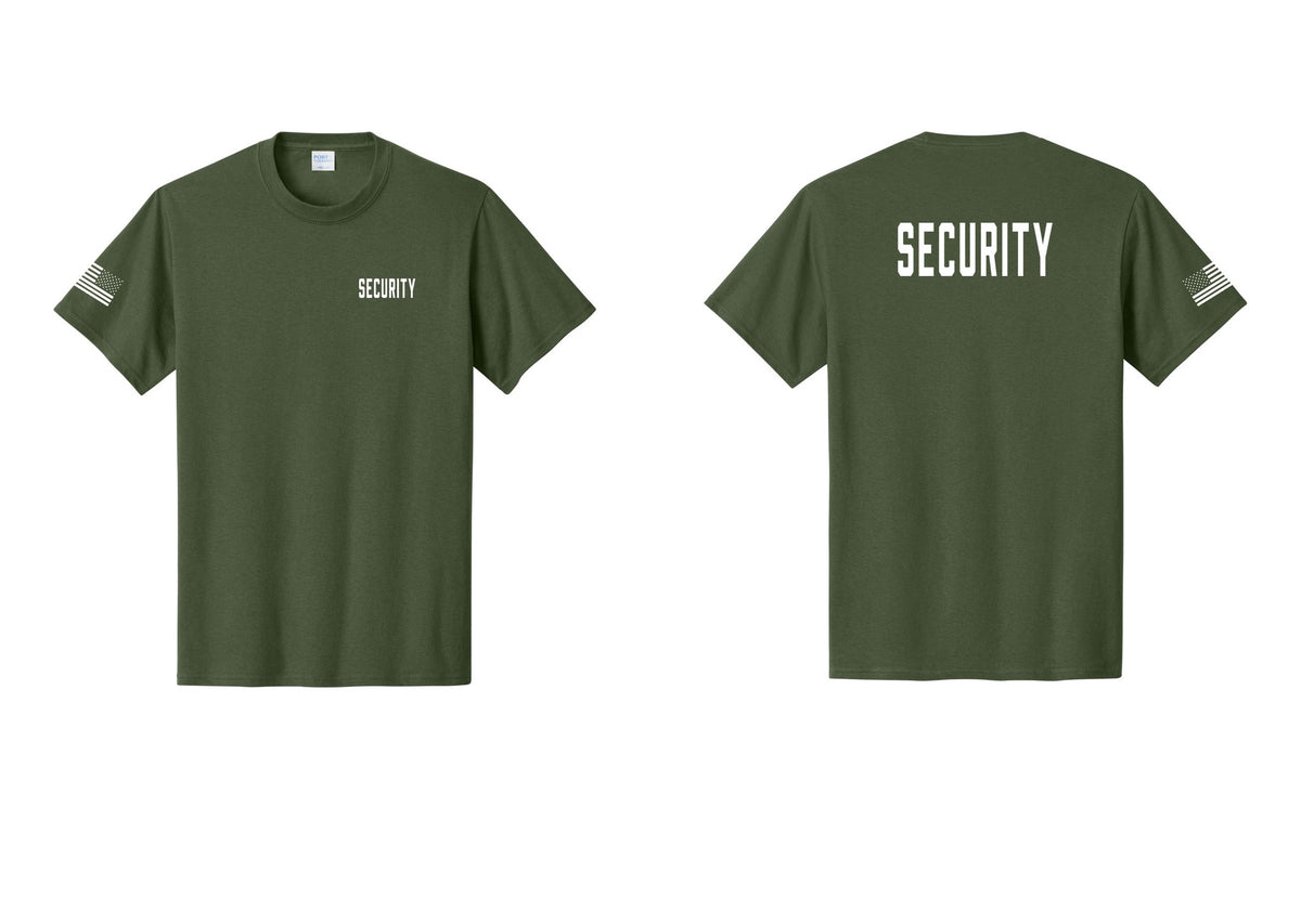 NYC Factory Security T-Shirt, Condensed Lettering - Chest + Back + US Flag Sleeve - Olive