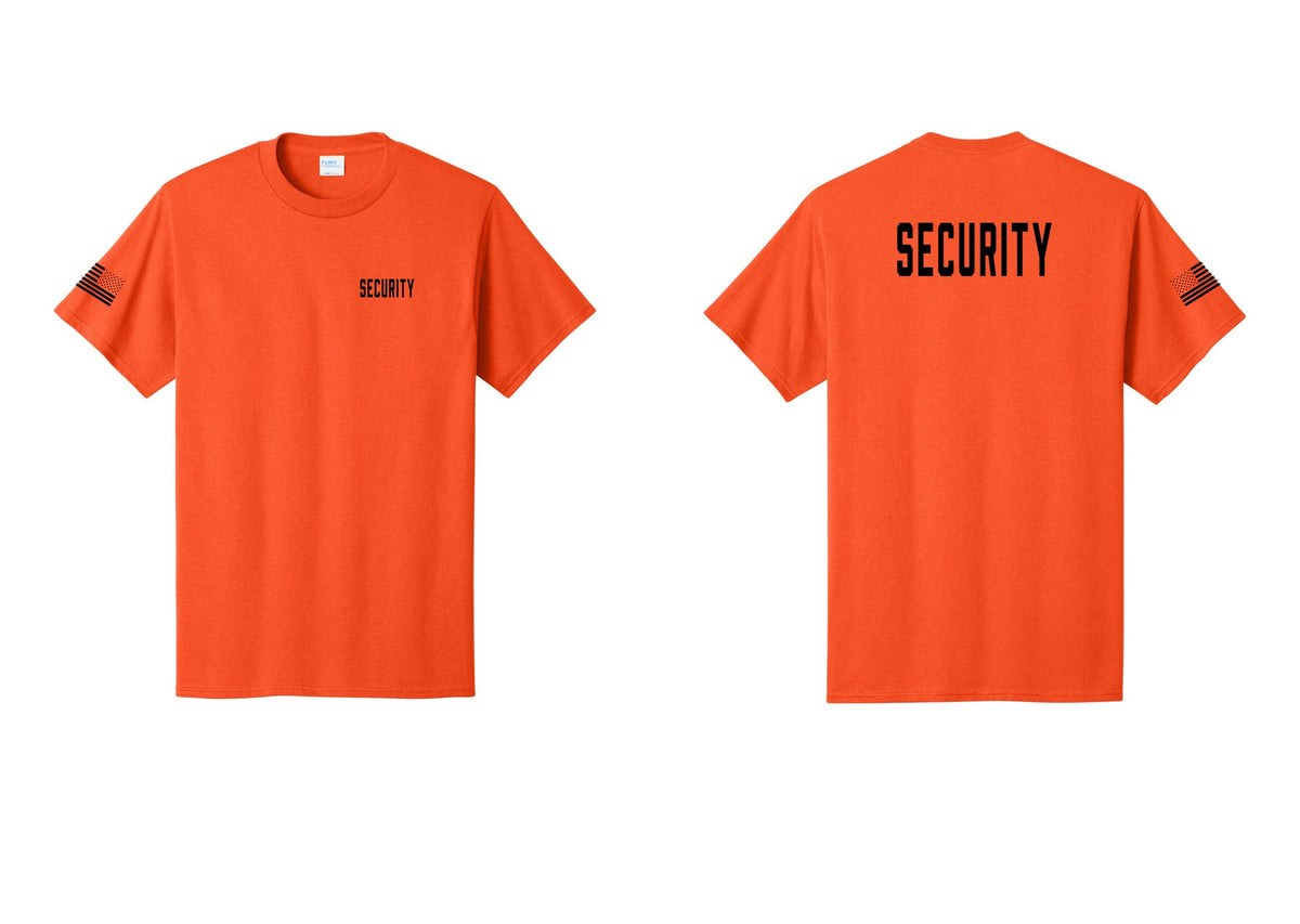 NYC Factory Unisex Security Black T-Shirt - Chest + Back + US Flag Sleeve - Orange