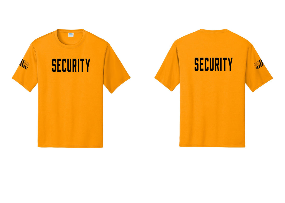 NYC Factory Security Performance T-Shirt (Classic) - Front + Back + US Flag Sleeve - Gold