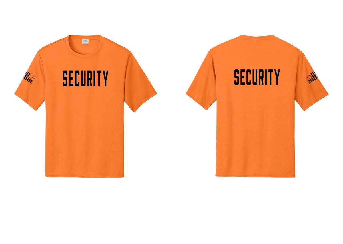 NYC Factory Security Performance T-Shirt (Classic) - Front + Back + US Flag Sleeve - Neon Orange
