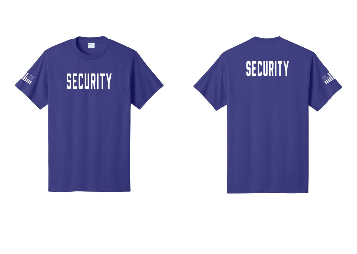 NYC Factory Unisex Security Black T-Shirt - Front + Back + US Flag Sleeve - Purple