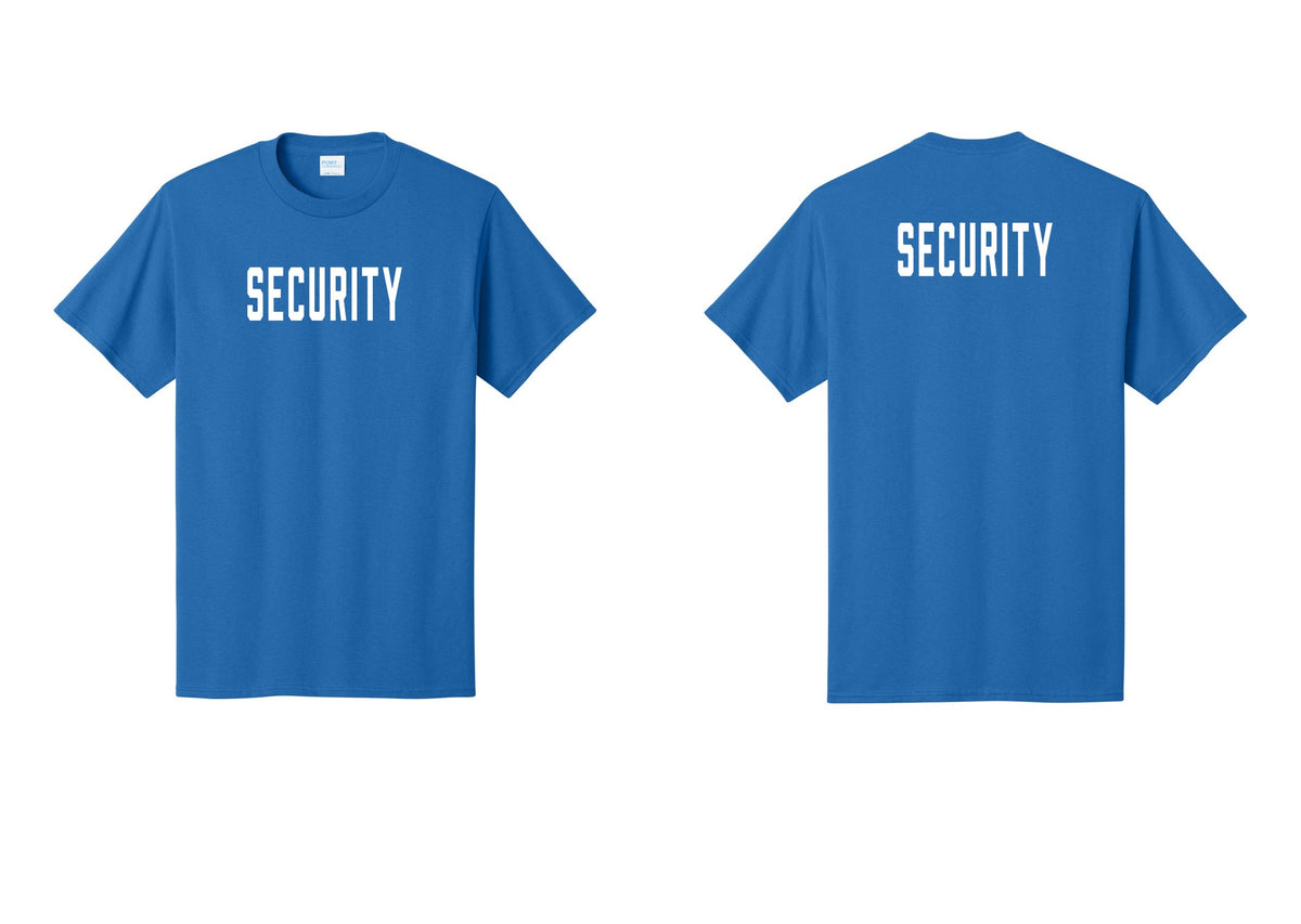 NYC Factory Security T-Shirt, Condensed Lettering - Front + Back - Royal