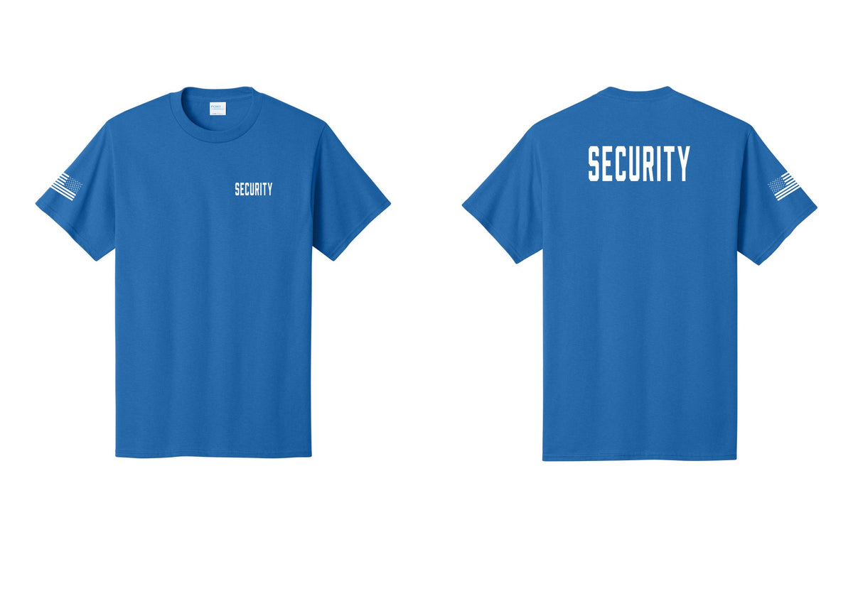 NYC Factory Security T-Shirt, Condensed Lettering - Chest + Back + US Flag Sleeve - Royal
