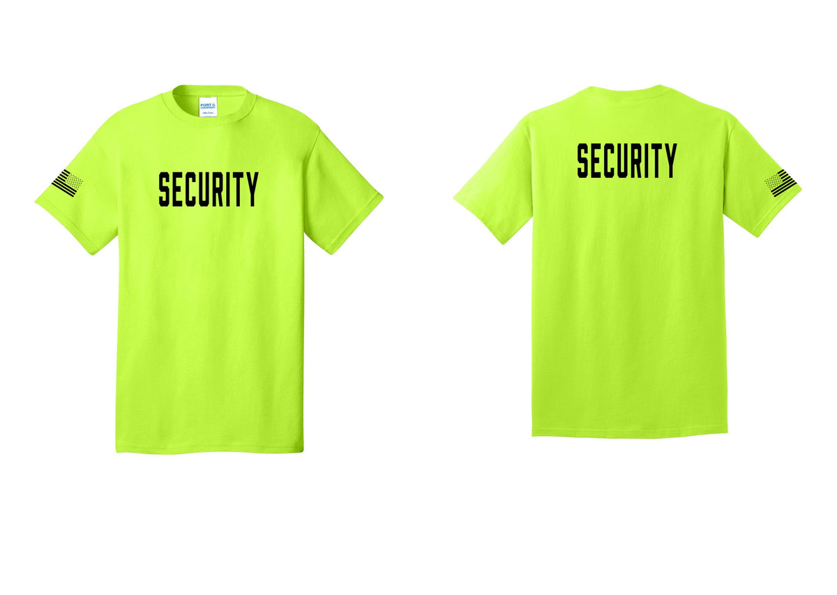 NYC Factory Security T-Shirt, Condensed Lettering - Front + Back + US Flag Sleeve - Safety Green