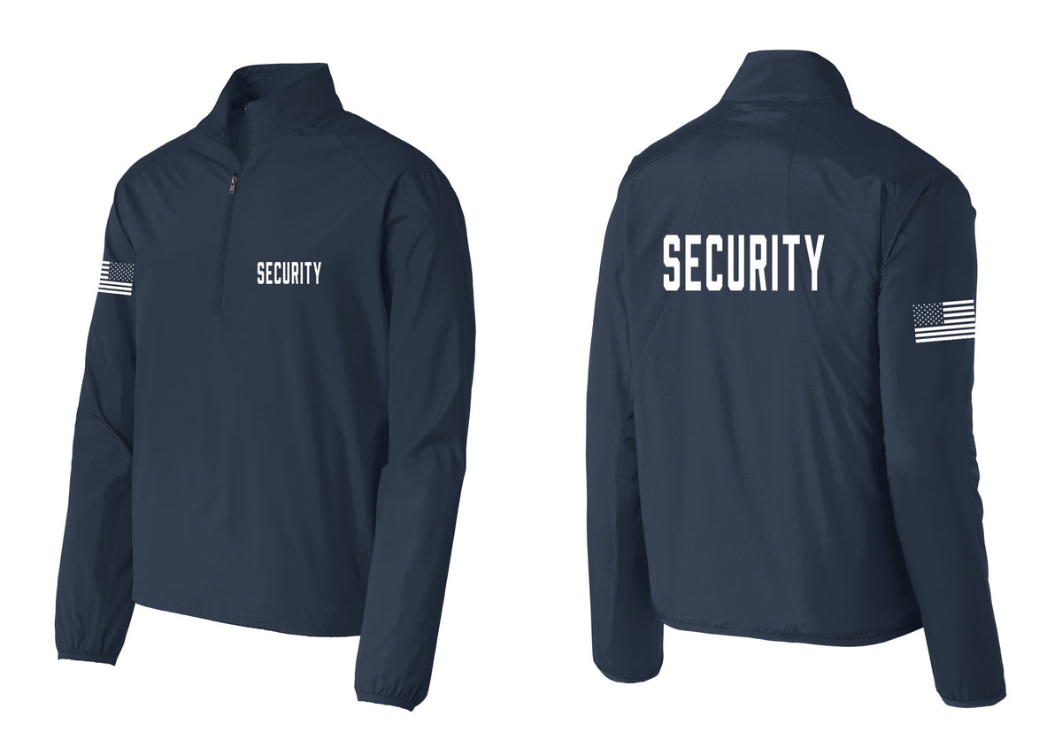 NYC Factory Security Windbreaker 1/2-Zip Pullover (Classic) - Chest + Back + US Flag Sleeve - Dress Blue Navy