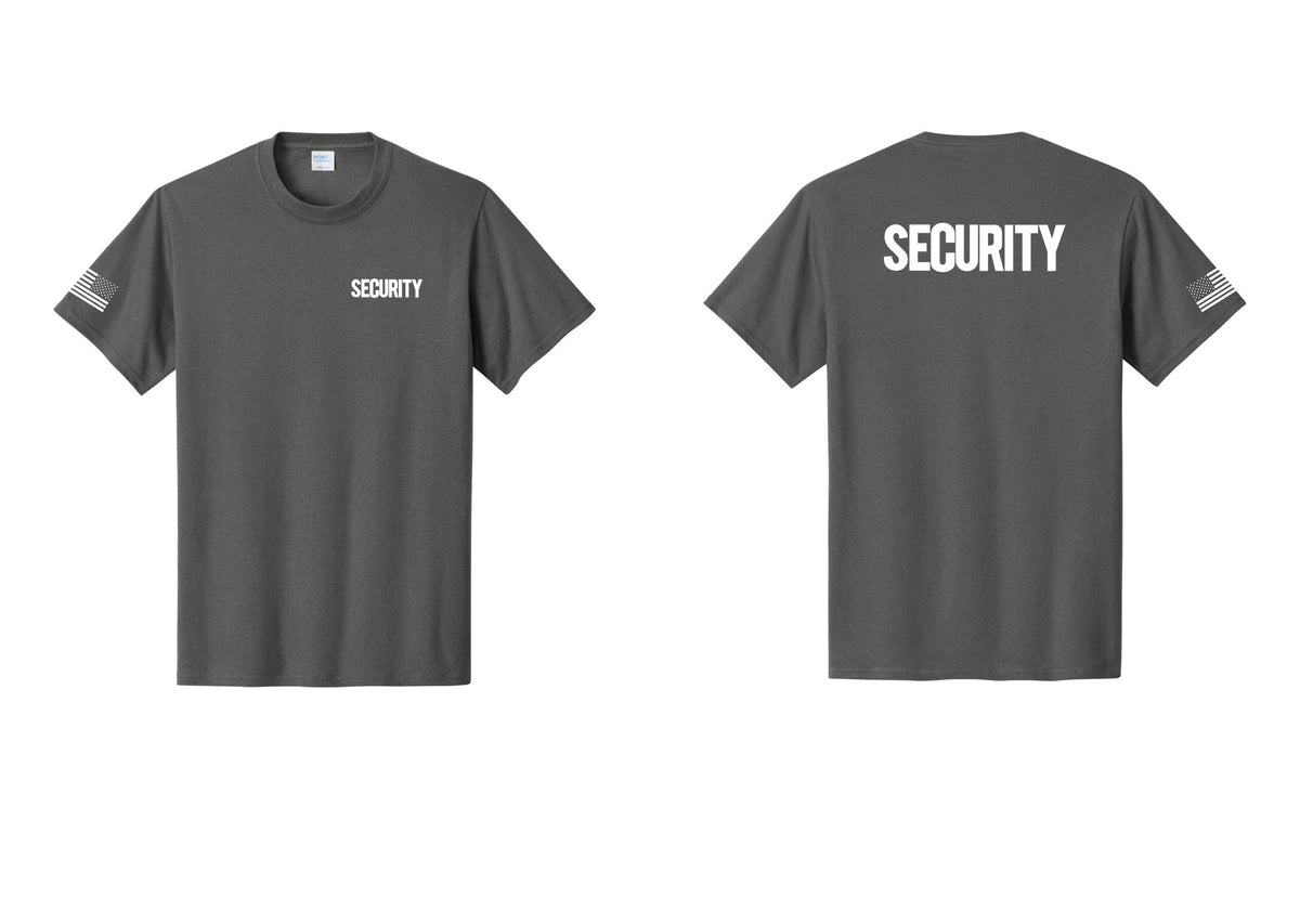 NYC Factory Men's Security Cotton T-Shirt - Chest + Back + US Flag Sleeve - Charcoal