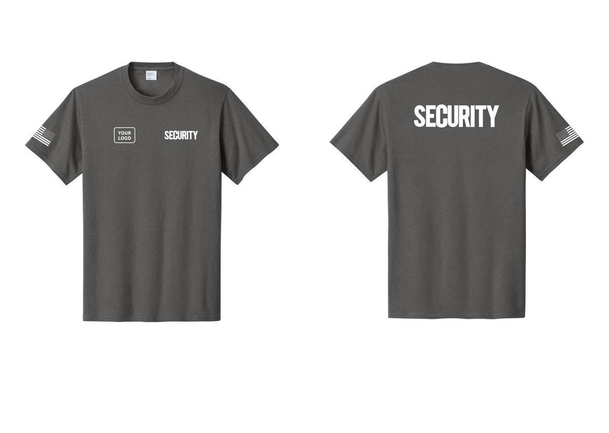 NYC Factory Custom Logo Men's Security Cotton T-Shirt - SECURITY + Your Logo + Back + US Flag Sleeve - Charcoal