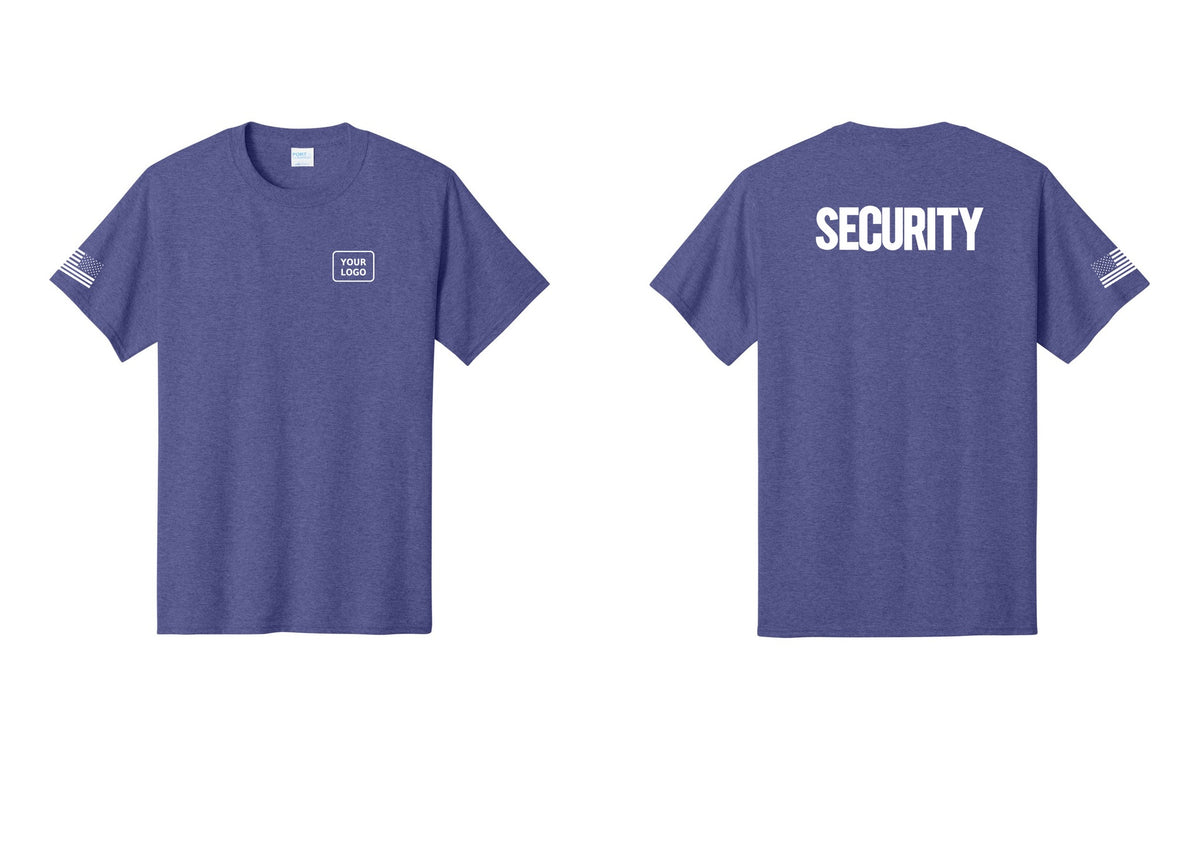 NYC Factory Custom Logo Men's Security Cotton T-Shirt - Your Logo + Back + US Flag Sleeve - Heather Purple