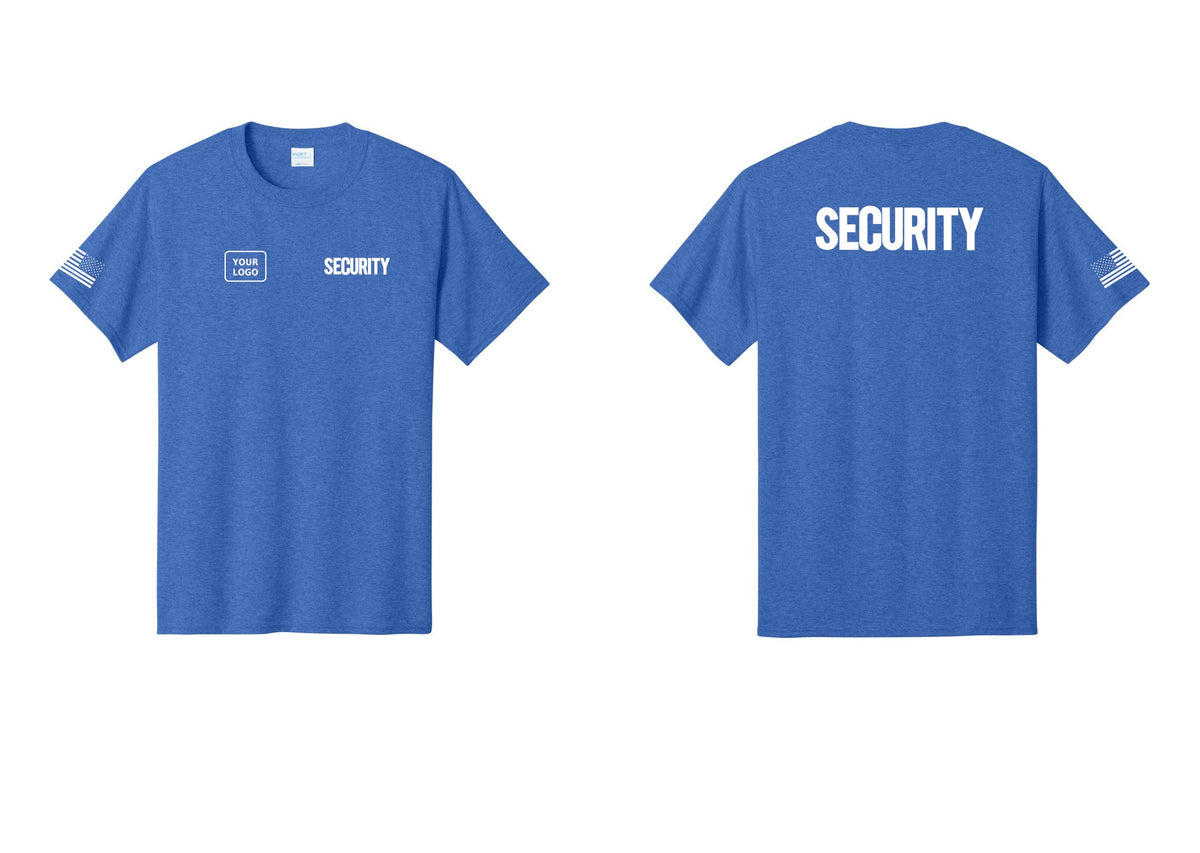 NYC Factory Custom Logo Men's Security Cotton T-Shirt - SECURITY + Your Logo + Back + US Flag Sleeve - Heather Royal