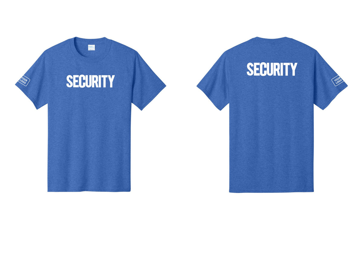 NYC Factory Custom Logo Men's Security Cotton T-Shirt - Front + Back + Your Logo Sleeve - Heather Royal