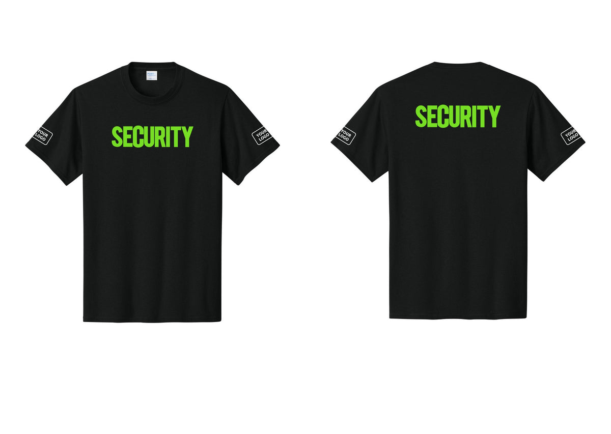 NYC Factory Custom Logo Men's Security Cotton T-Shirt - Front + Back + Your Logo Sleeves - Black / Neon