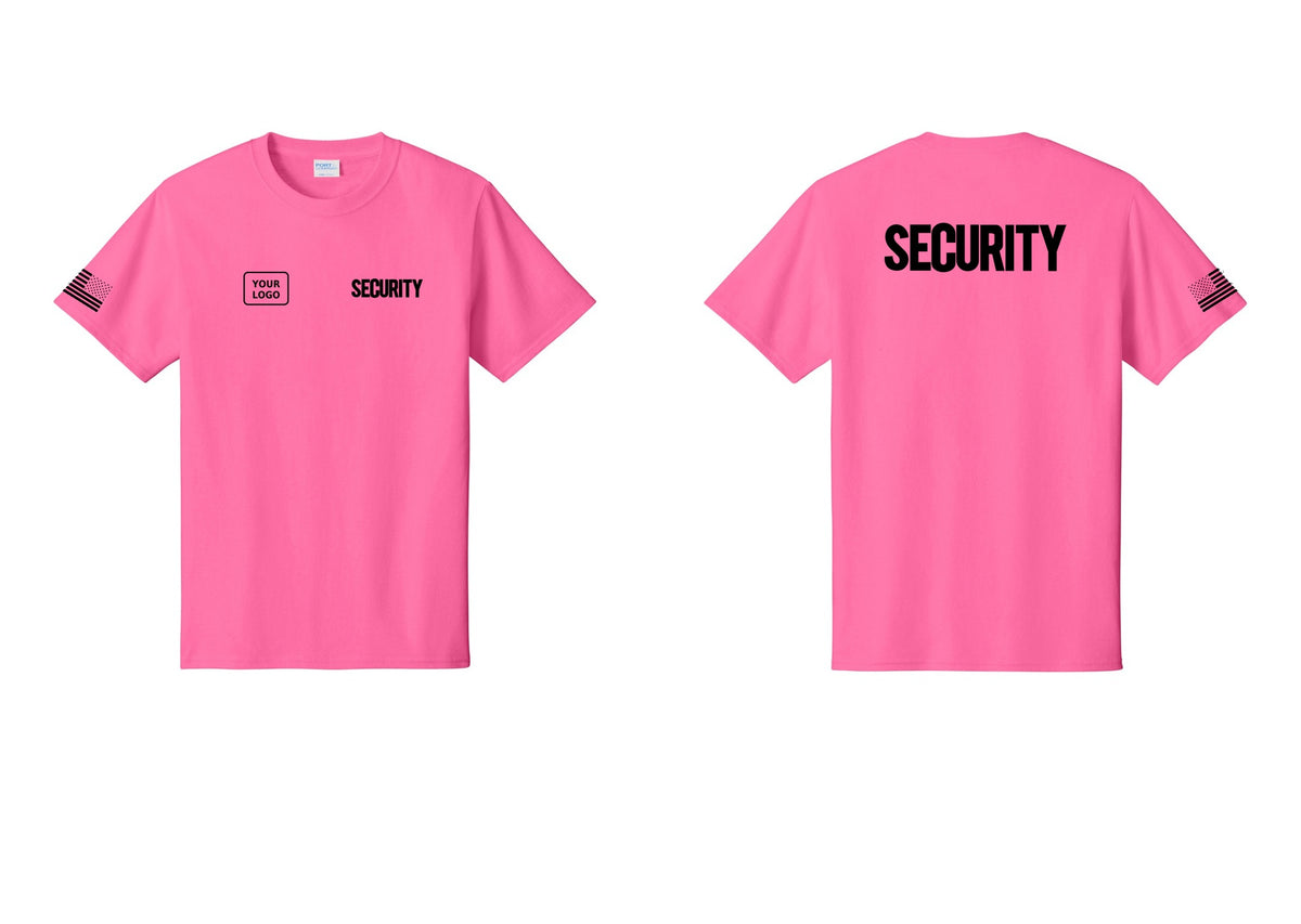 NYC Factory Custom Logo Men's Security Cotton T-Shirt - SECURITY + Your Logo + Back + US Flag Sleeve - Neon Pink