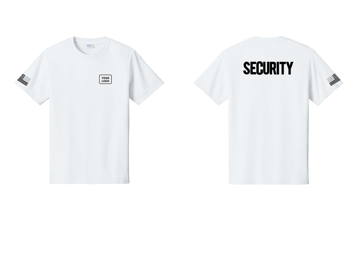 NYC Factory Custom Logo Men's Security Cotton T-Shirt - Your Logo + Back + US Flag Sleeve - White