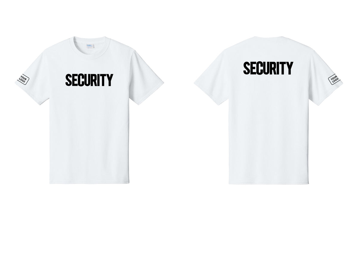 NYC Factory Custom Logo Men's Security Cotton T-Shirt - Front + Back + Your Logo Sleeve - White