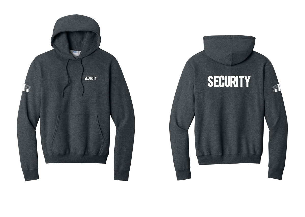 NYC Factory Security Cotton Fleece Pullover Hoodie (Bold) - Chest + Back + US Flag Sleeve - Dark Heather Grey