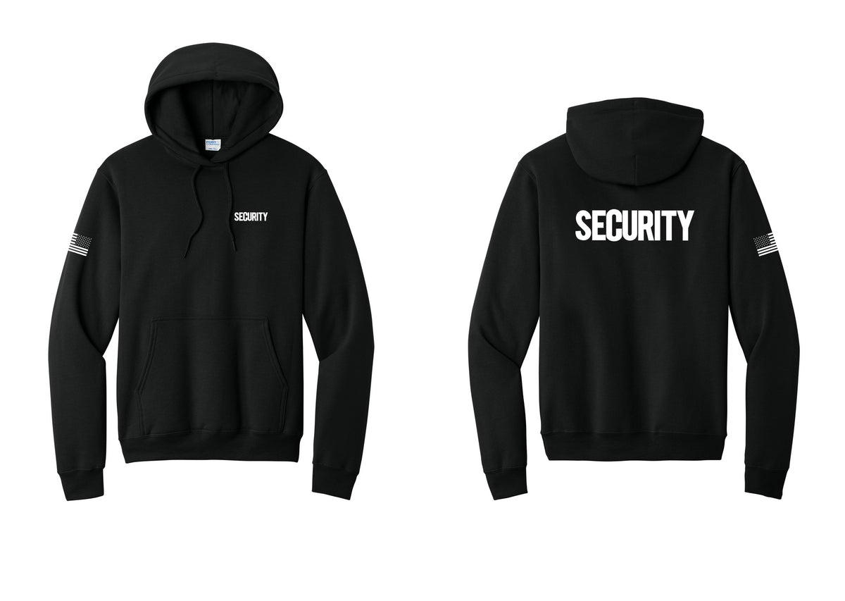 NYC Factory Security Cotton Fleece Pullover Hoodie (Bold) - Chest + Back + US Flag Sleeve - Black