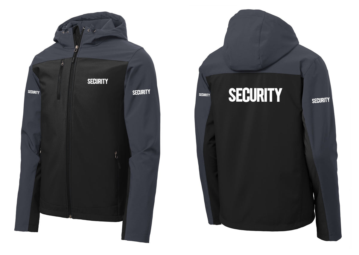 NYC Factory Security Hooded Soft Shell Jacket (Bold) - Chest + Back + Security Sleeves - Black / Battleship Grey