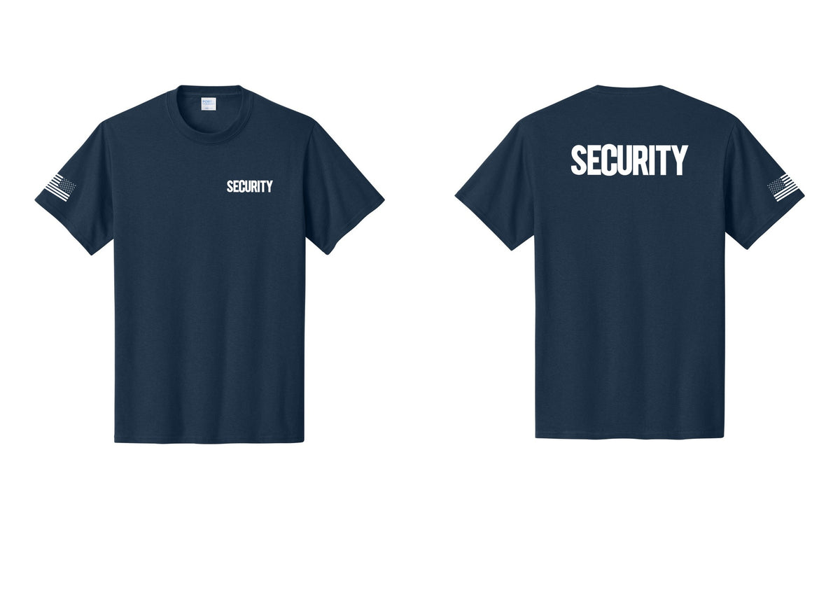 NYC Factory Men's Security Cotton T-Shirt - Chest + Back + US Flag Sleeve - Navy