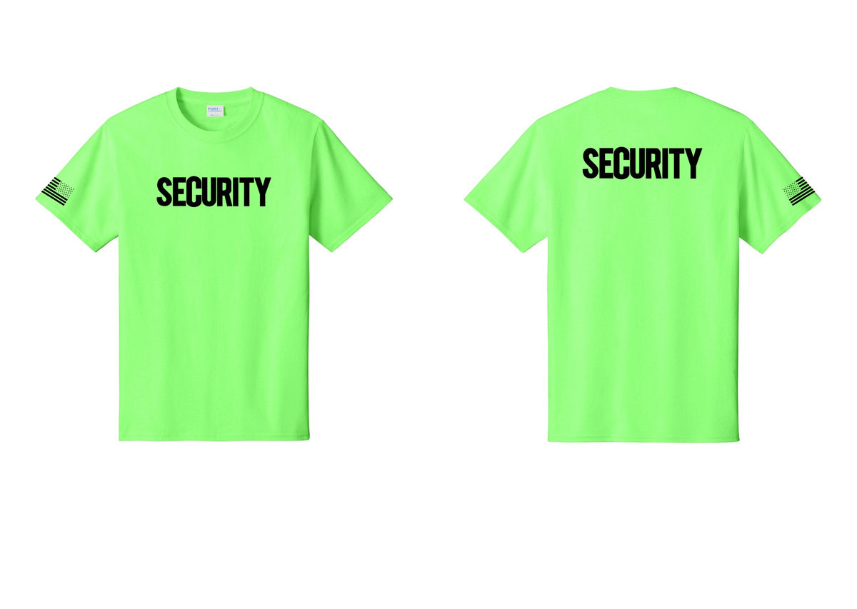 NYC Factory Men's Security Cotton T-Shirt - Front + Back + US Flag Sleeve - Neon Green