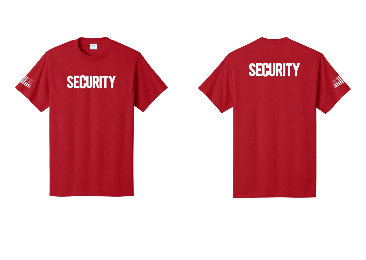 NYC Factory Men's Security Cotton T-Shirt - Front + Back + US Flag Sleeve - Red