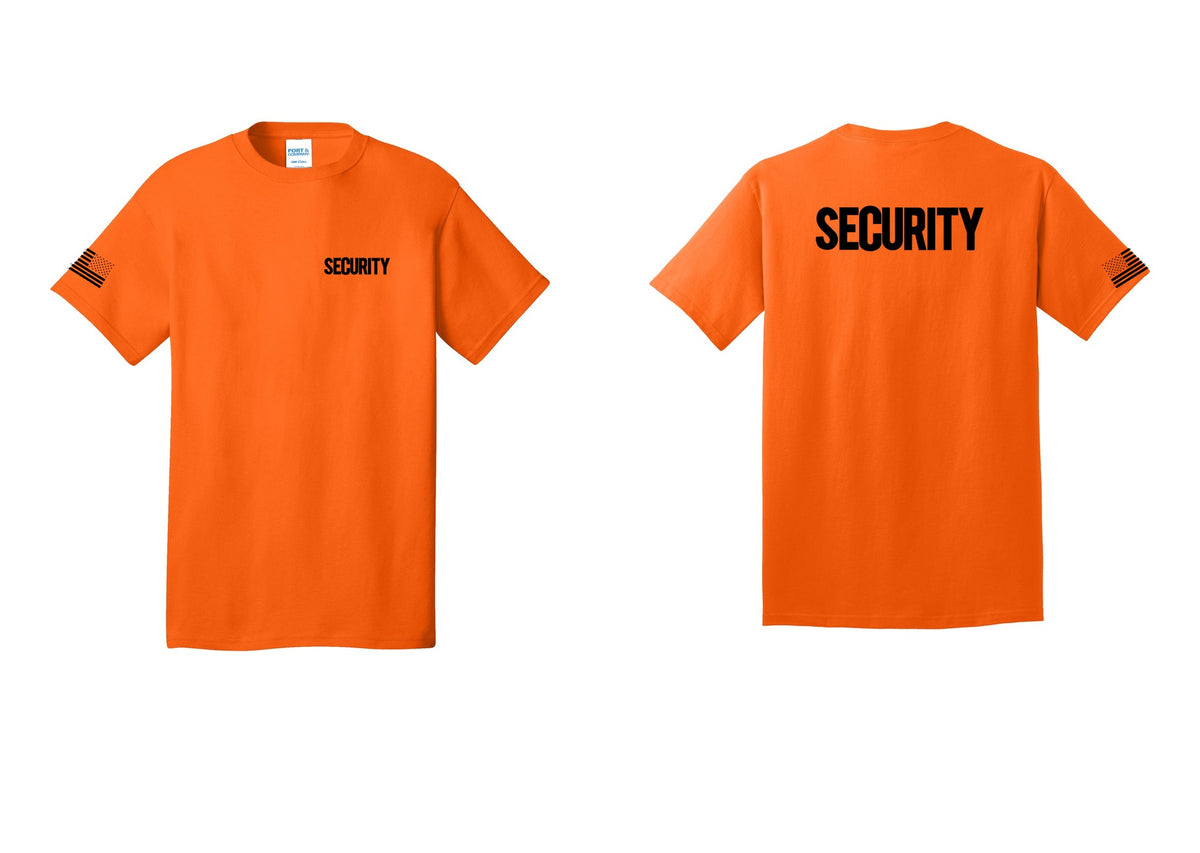 NYC Factory Men's Security Cotton T-Shirt - Chest + Back + US Flag Sleeve - Safety Orange