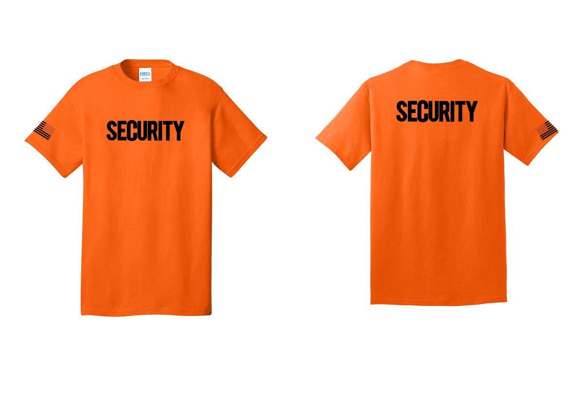 NYC Factory Men's Security Cotton T-Shirt - Front + Back + US Flag Sleeve - Safety Orange