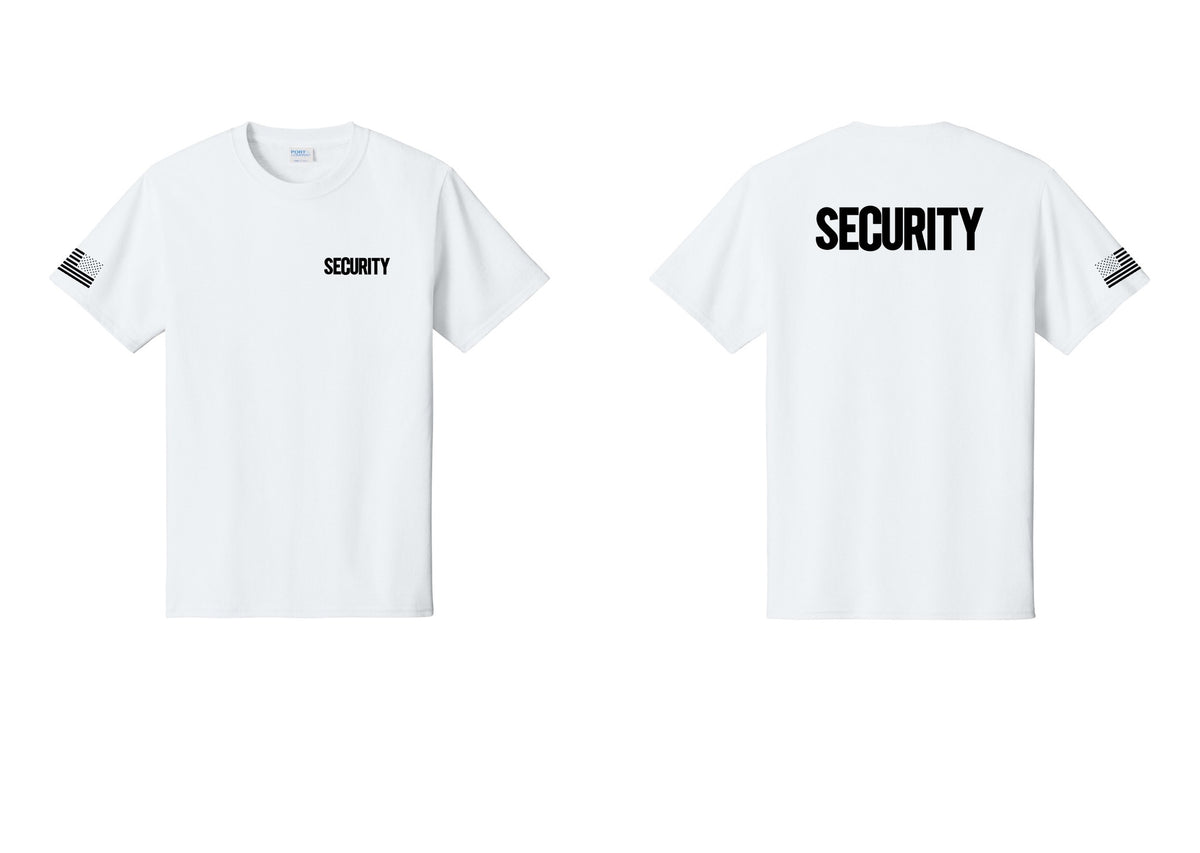 NYC Factory Men's Security Cotton T-Shirt - Chest + Back + US Flag Sleeve - White