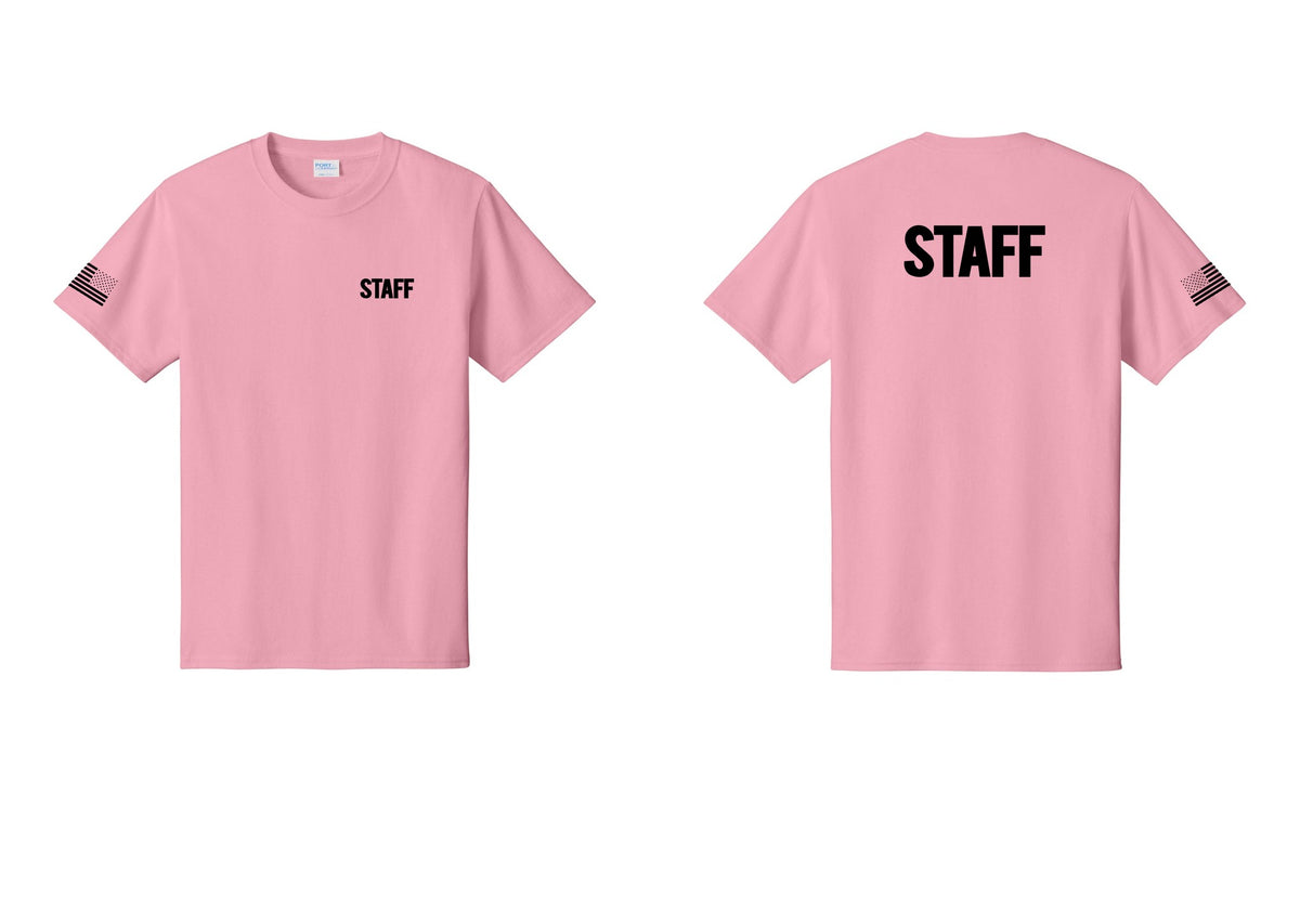 NYC Factory Staff T-Shirt, Bold Lettering - Chest + Back + US Flag Sleeve - Candy Pink