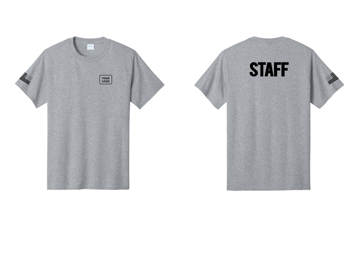 NYC Factory Custom Logo Staff T-Shirt, Bold Lettering - Your Logo + Back + US Flag Sleeve - Athletic Heather