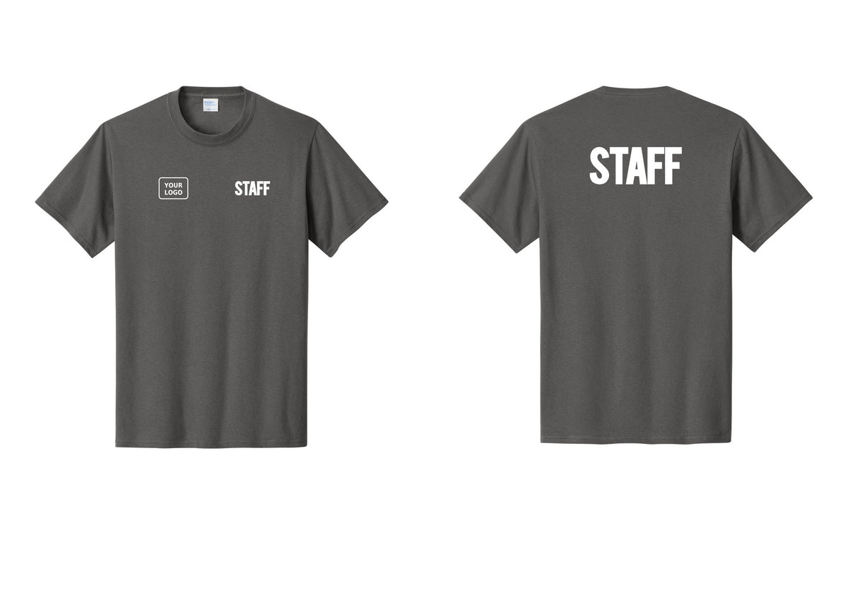 NYC Factory Custom Logo Staff T-Shirt, Bold Lettering - STAFF + Your Logo + Back - Charcoal