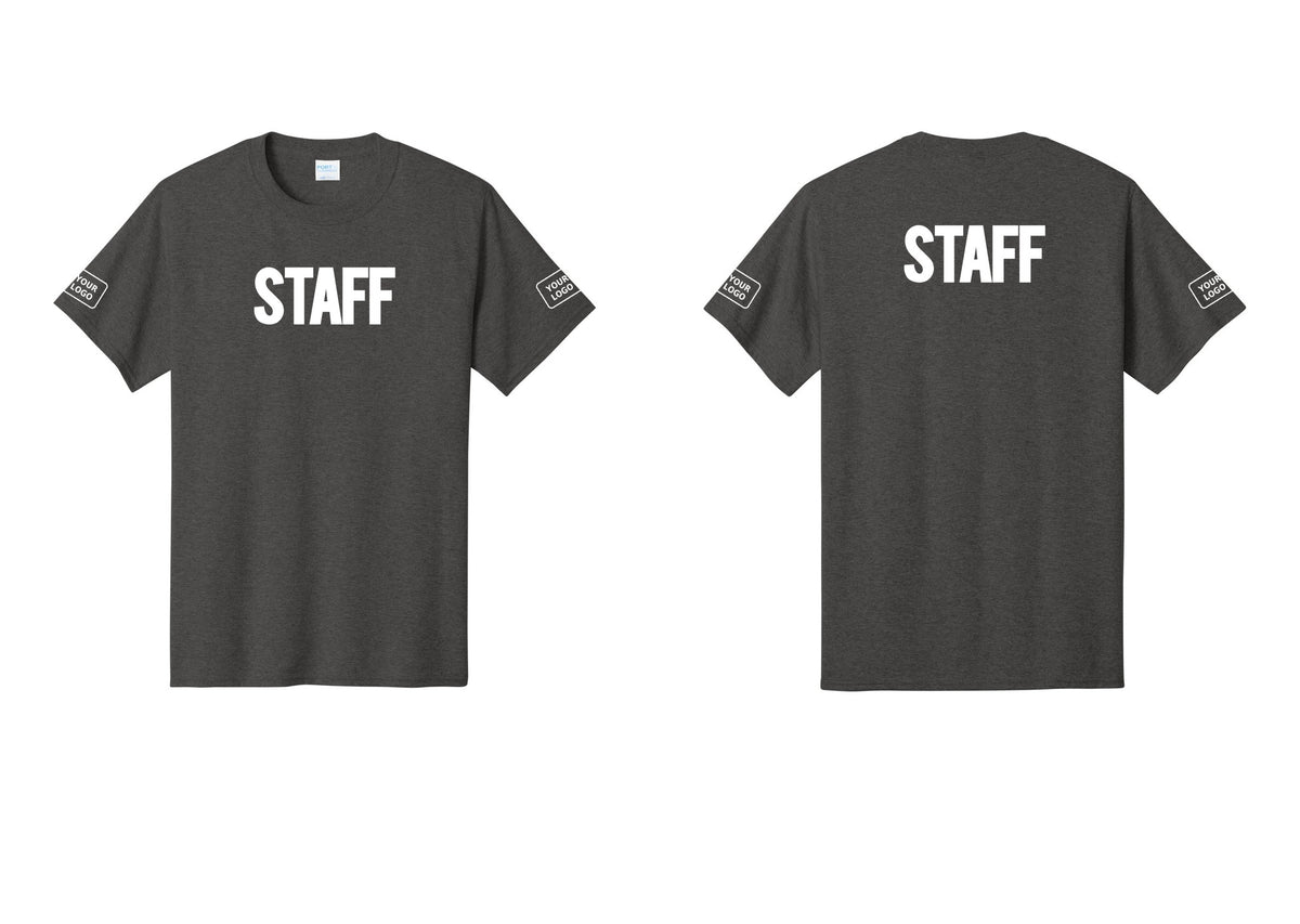 NYC Factory Custom Logo Staff T-Shirt, Bold Lettering - Front + Back + Your Logo Sleeves - Dark Heather Grey