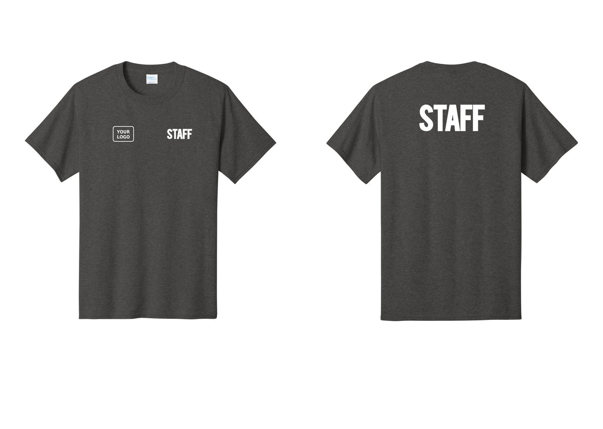 NYC Factory Custom Logo Staff T-Shirt, Bold Lettering - STAFF + Your Logo + Back - Dark Heather Grey