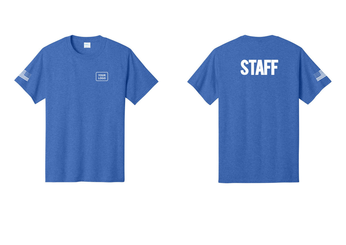 NYC Factory Custom Logo Staff T-Shirt, Bold Lettering - Your Logo + Back + US Flag Sleeve - Heather Royal