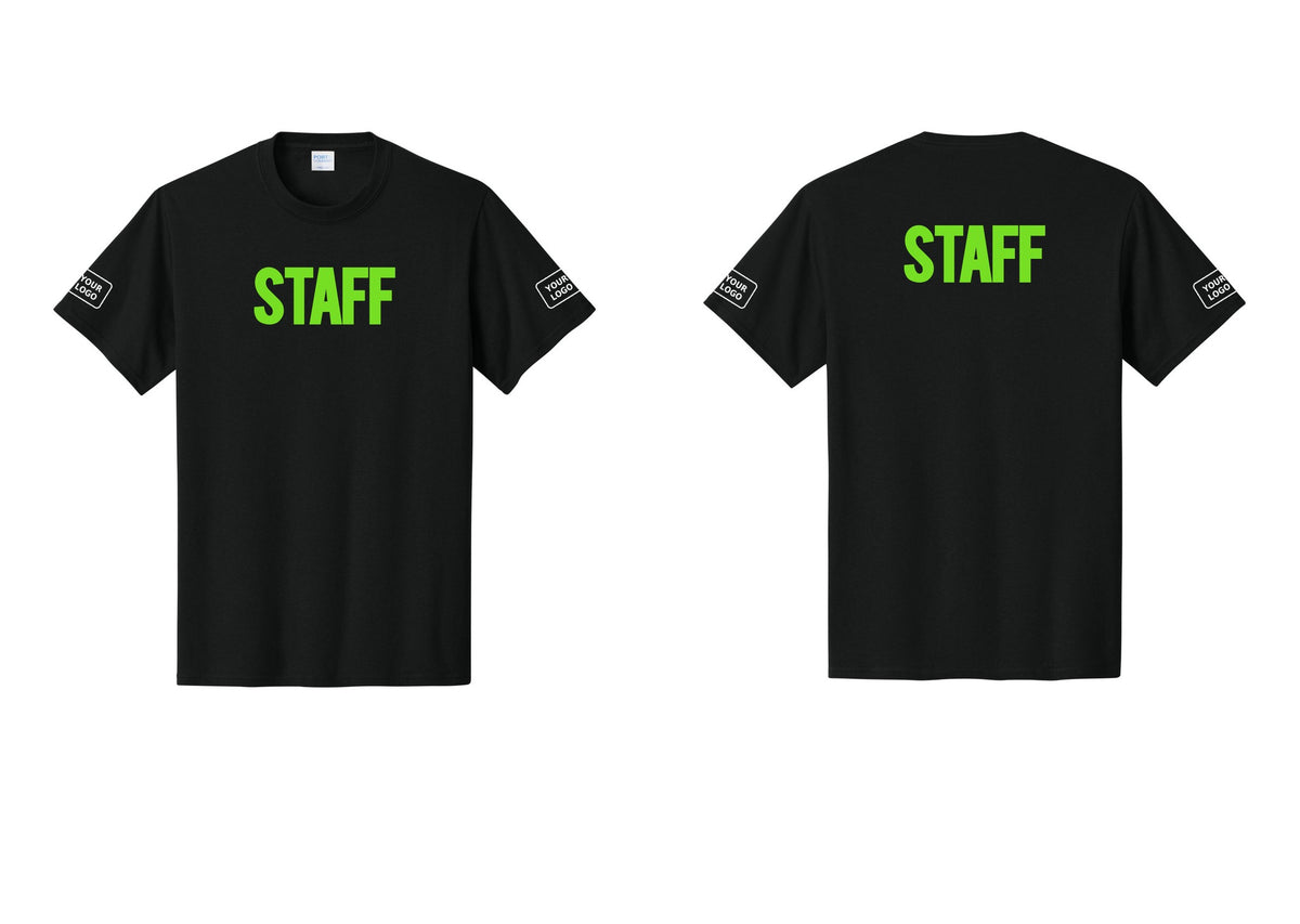 NYC Factory Custom Logo Staff T-Shirt, Bold Lettering - Front + Back + Your Logo Sleeves - Black / Neon