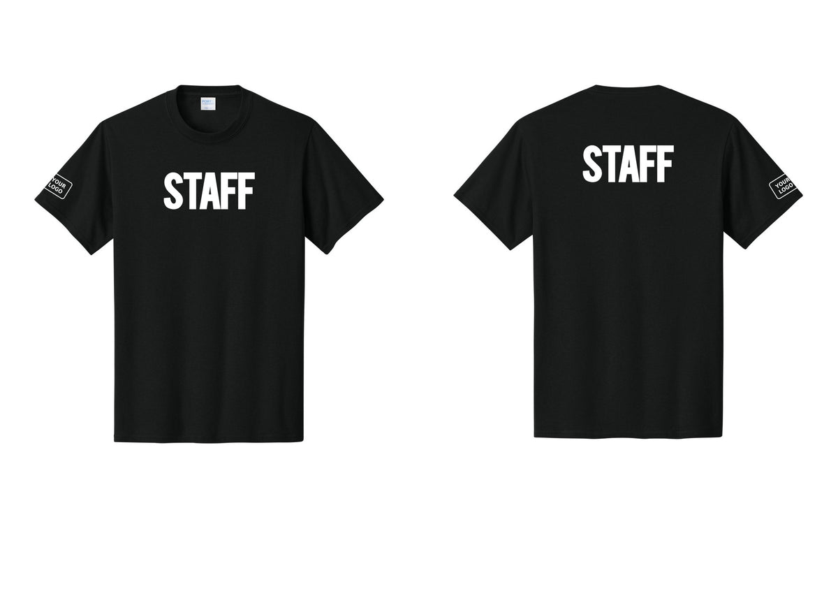 NYC Factory Custom Logo Staff T-Shirt, Bold Lettering - Front + Back + Your Logo Sleeve - Black