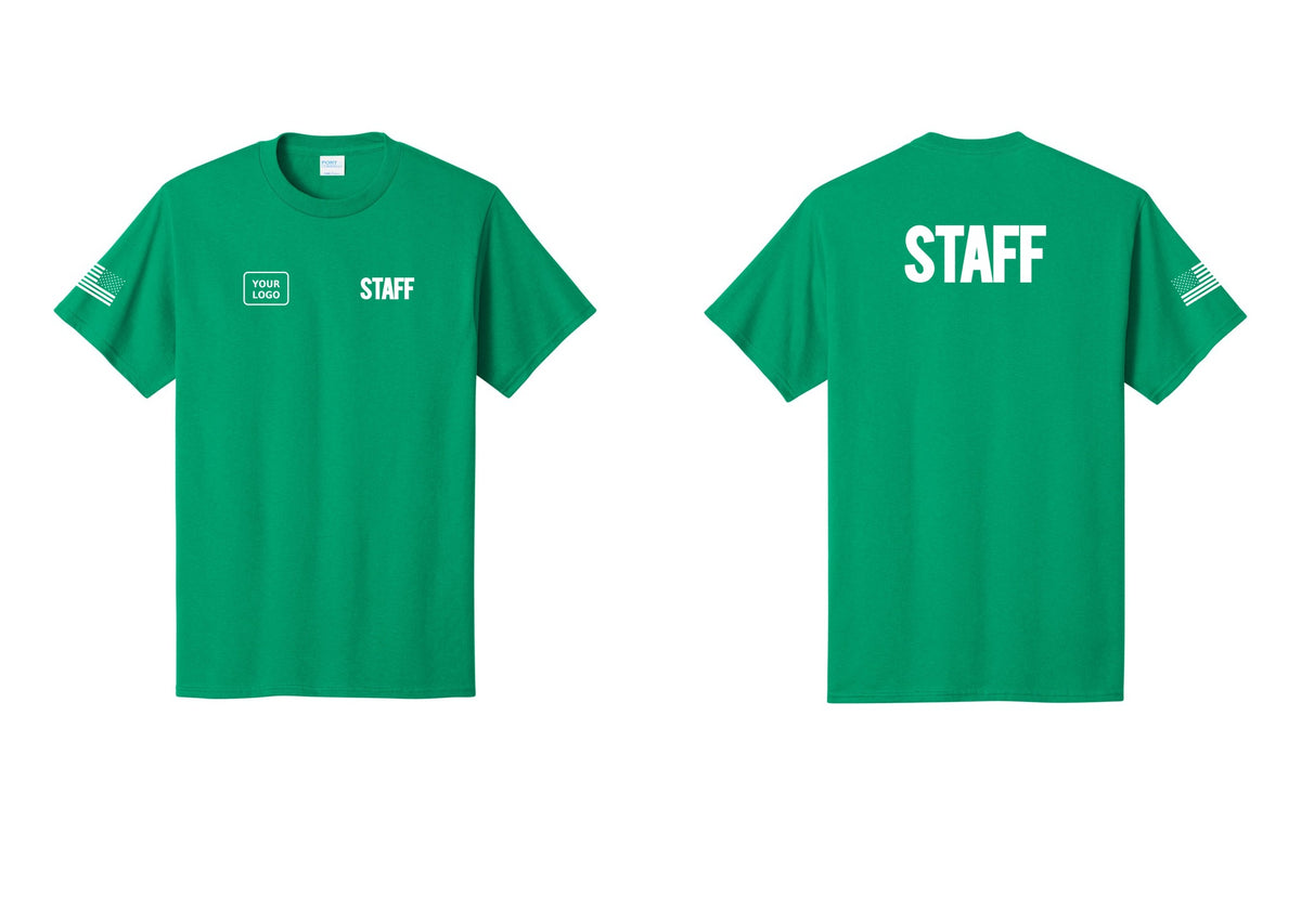 NYC Factory Custom Logo Staff T-Shirt, Bold Lettering - STAFF + Your Logo + Back + US Flag Sleeve - Kelly