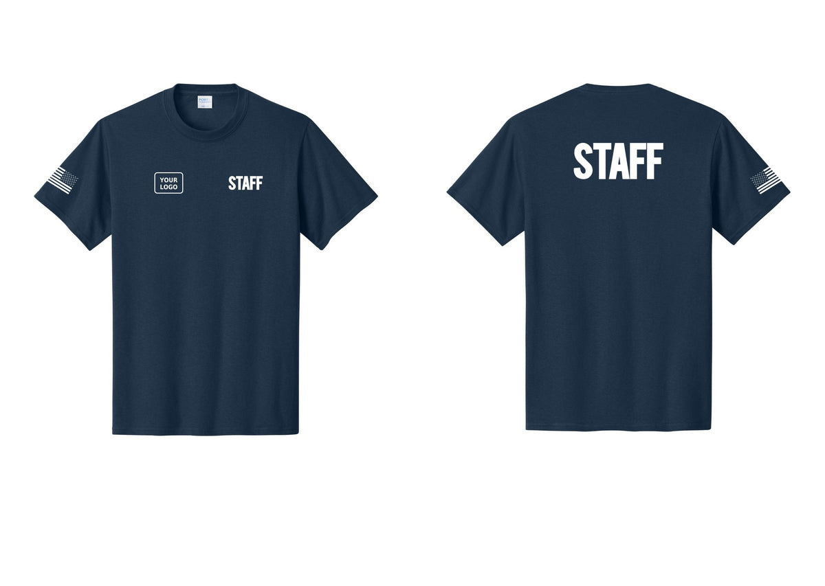 NYC Factory Custom Logo Staff T-Shirt, Bold Lettering - STAFF + Your Logo + Back + US Flag Sleeve - Navy