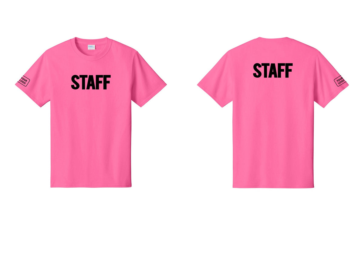 NYC Factory Custom Logo Staff T-Shirt, Bold Lettering - Front + Back + Your Logo Sleeve - Neon Pink