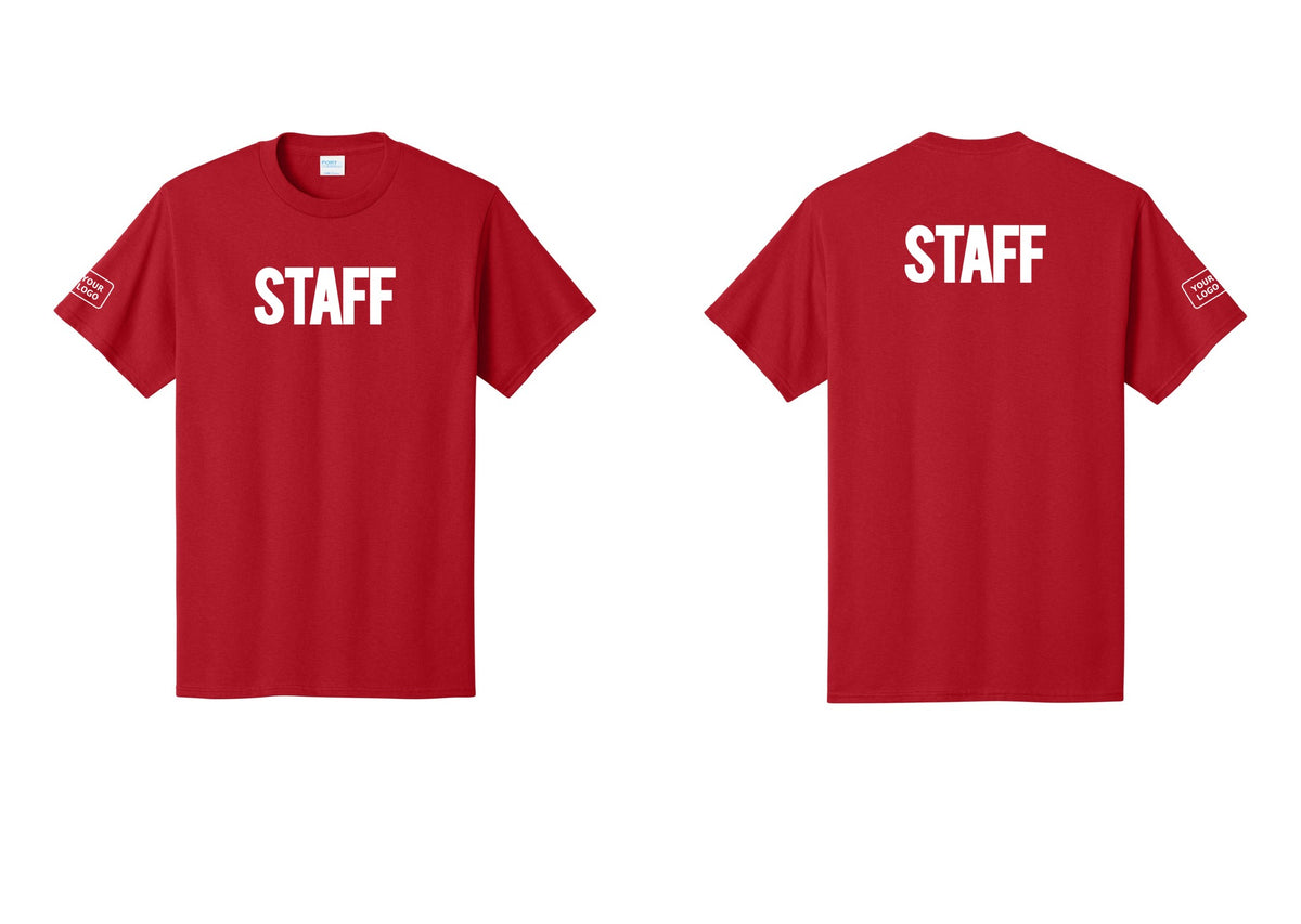 NYC Factory Custom Logo Staff T-Shirt, Bold Lettering - Front + Back + Your Logo Sleeve - Red