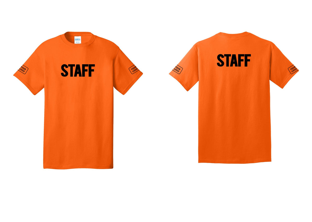 NYC Factory Custom Logo Staff T-Shirt, Bold Lettering - Front + Back + Your Logo Sleeves - Safety Orange