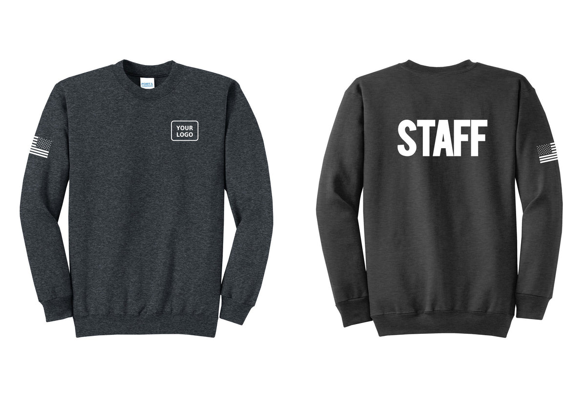 NYC Factory Custom Logo Staff Cotton Fleece Crewneck Sweatshirt (Bold) - Your Logo + Back + US Flag Sleeve - Dark Heather Grey