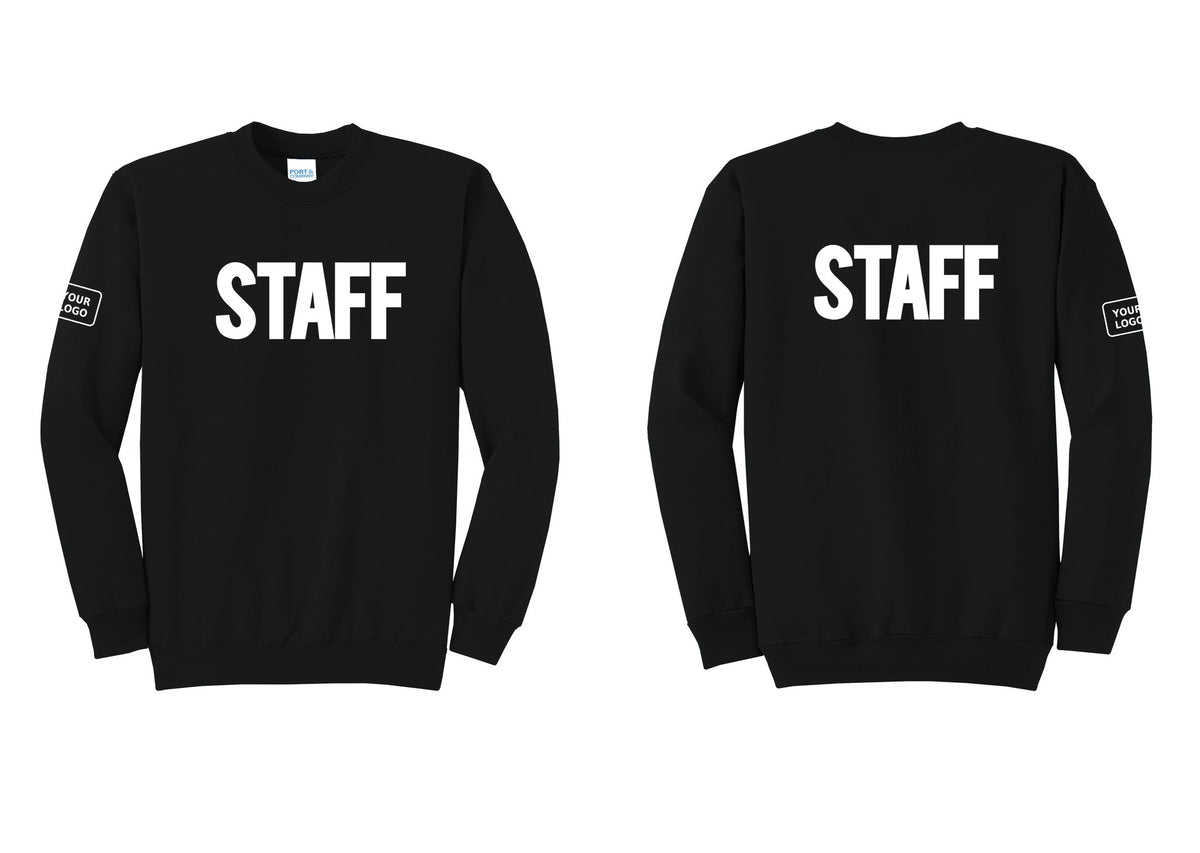 NYC Factory Custom Logo Staff Cotton Fleece Crewneck Sweatshirt (Bold) - Front + Back + Your Logo Sleeve - Black