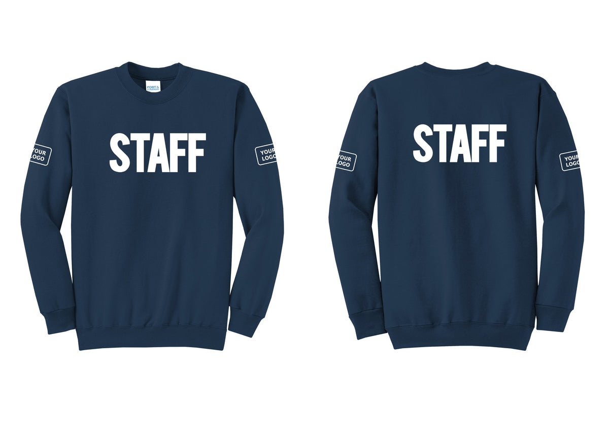NYC Factory Custom Logo Staff Cotton Fleece Crewneck Sweatshirt (Bold) - Front + Back + Your Logo Sleeves - Navy