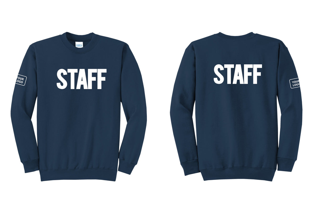 NYC Factory Custom Logo Staff Cotton Fleece Crewneck Sweatshirt (Bold) - Front + Back + Your Logo Sleeve - Navy
