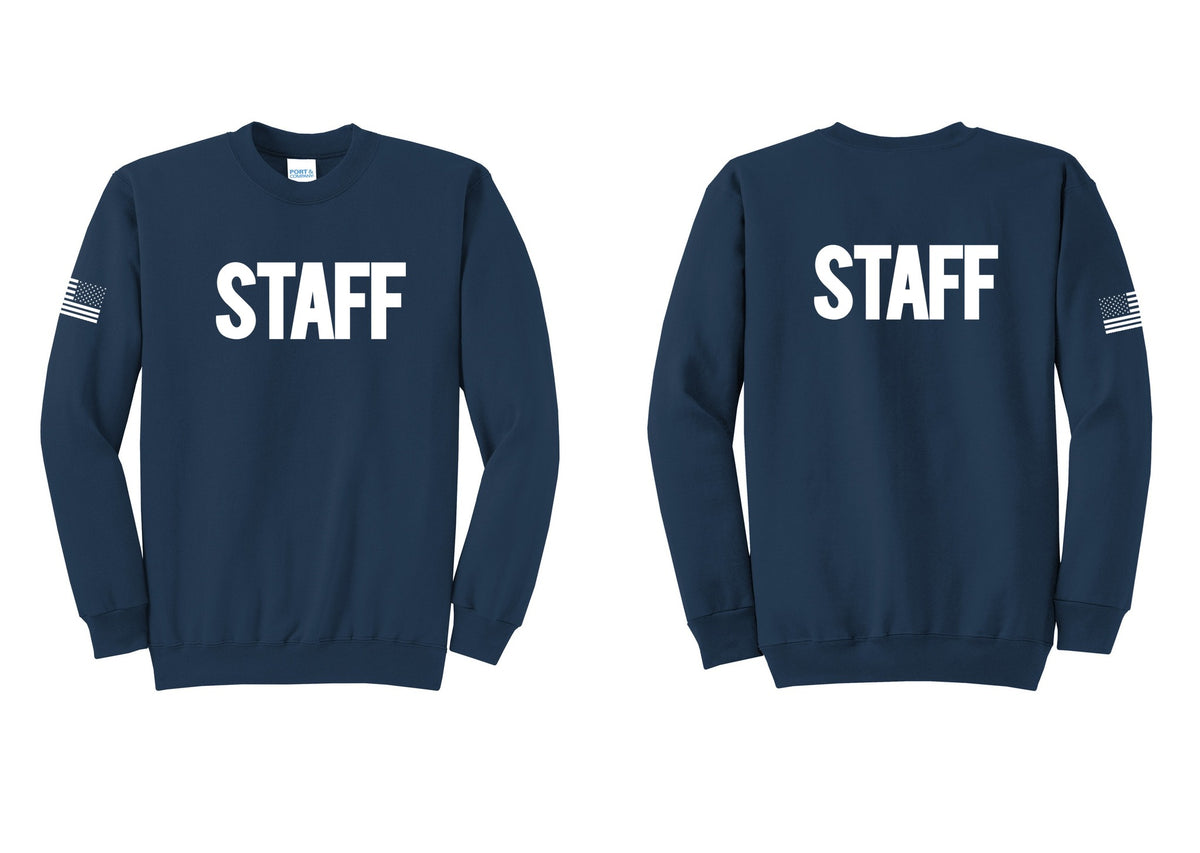 NYC Factory Staff Cotton Fleece Crewneck Sweatshirt (Bold) - Front + Back + US Flag Sleeve - Navy