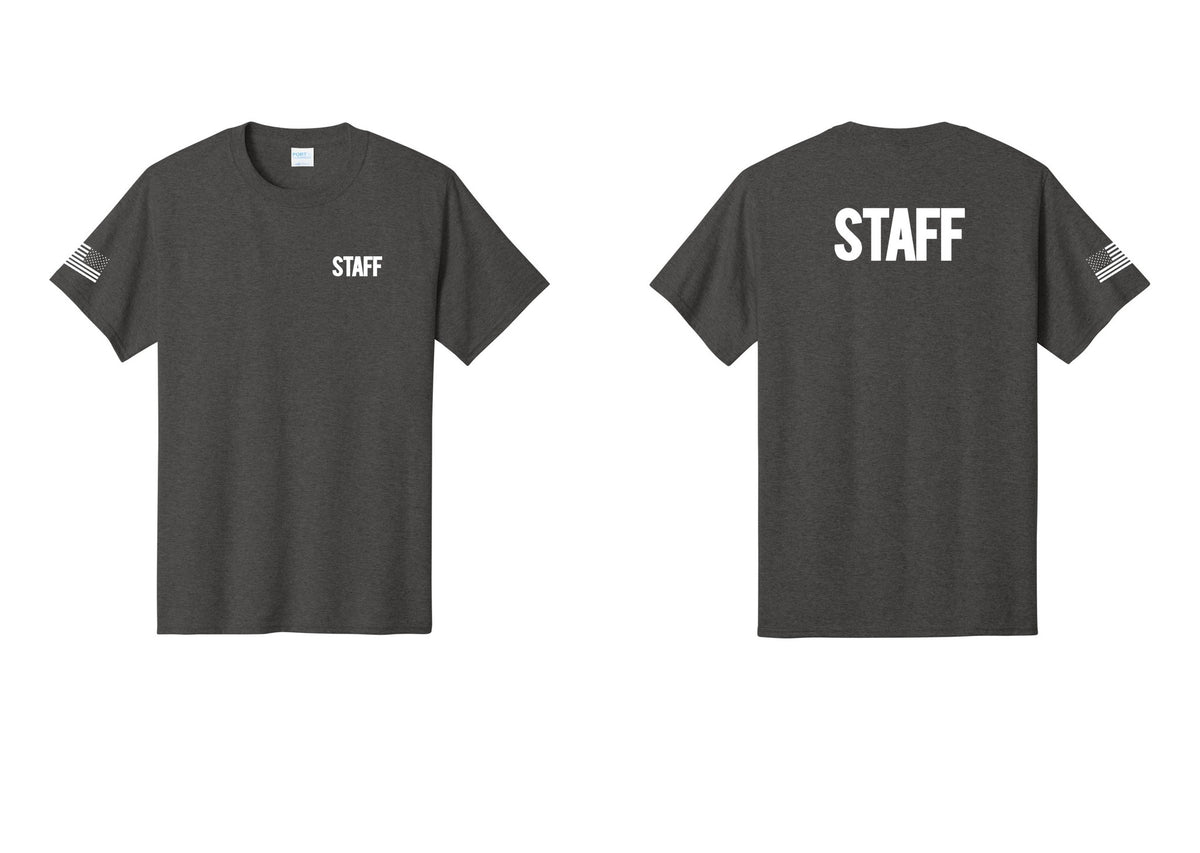 NYC Factory Staff T-Shirt, Bold Lettering - Chest + Back + US Flag Sleeve - Dark Heather Grey